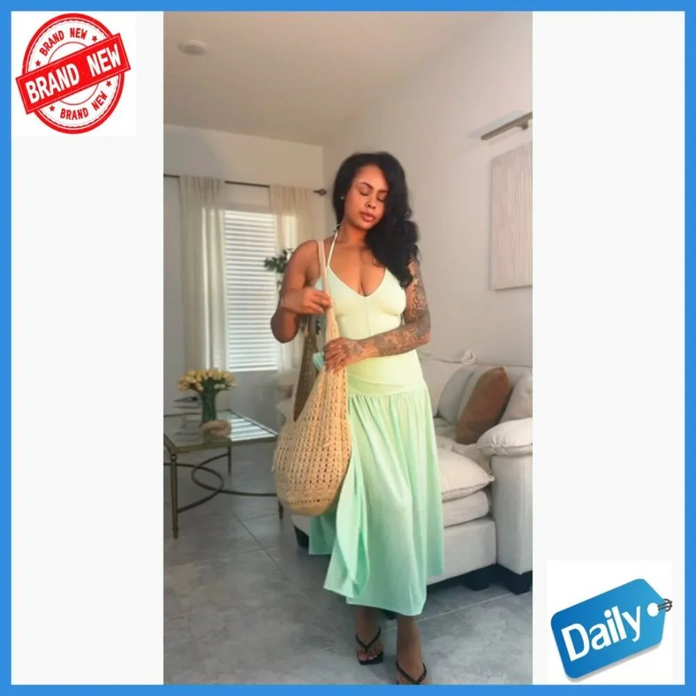 2-Piece Maxi Skirt Set with Bodysuit Top, V-Neck Halter Coverup